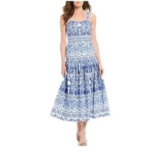 Antonio Melani Blue and White Iconic Majolica Sleeveless Drop Waist Midi Dress